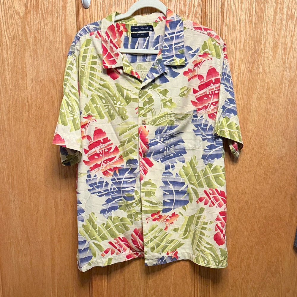 Grant Thomas Pure Silk Men’s Leaf Print Shirt - Red, Green, Blue